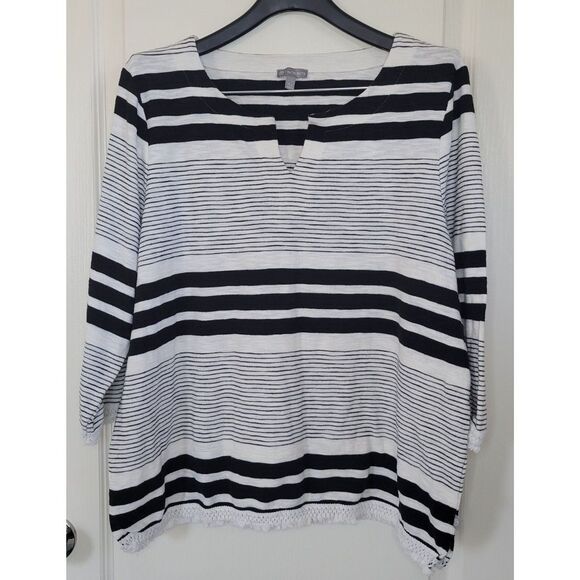 Talbots Tops - T by TALBOTS White Black Striped Tunic Fringe Hem Top Shirt